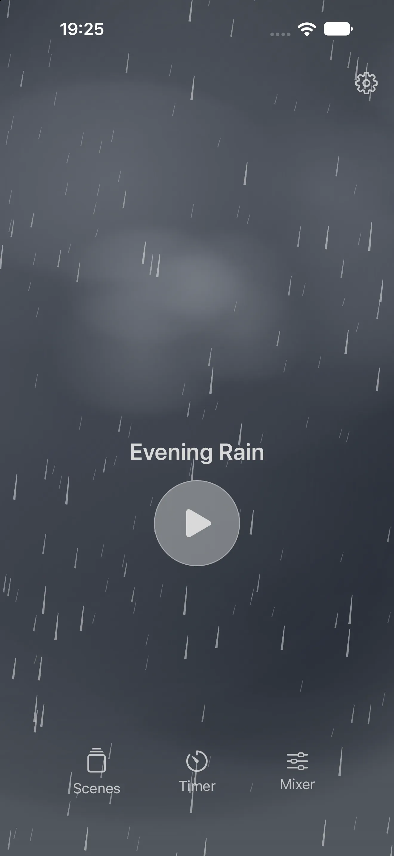 Rillowen playing the Evening Rain scene: rain falling over a dark sky, with a Play button and Scenes, Timer and Mixer controls.