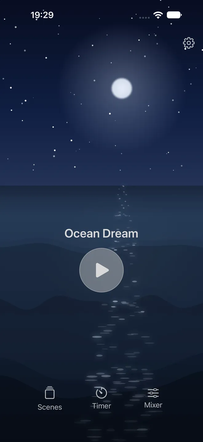 Rillowen's Ocean Dream scene: a full moon over calm ocean water at night.