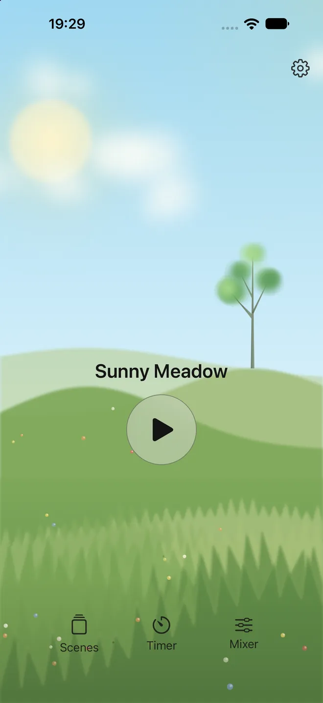 Rillowen's Sunny Meadow scene: rolling green hills and a single tree under a sunny sky.